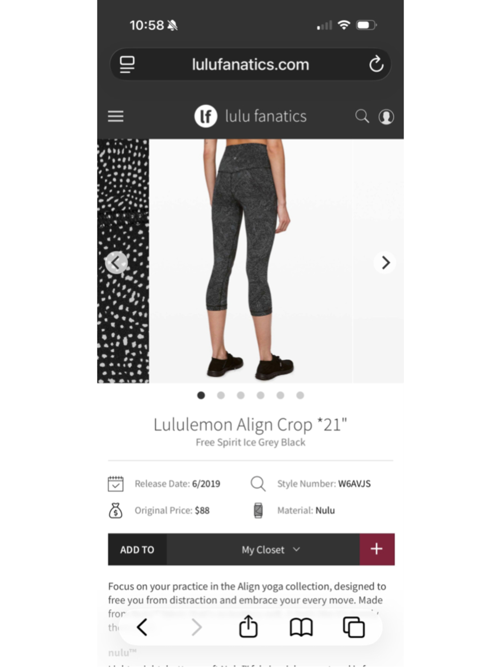 Women's Lululemon Align Crop 21" Leggings in Free Spirit Ice Grey Black Sz 8